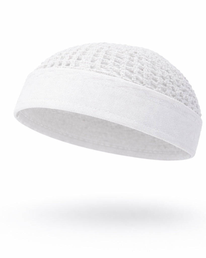 Egyptian chachiya with white hand-knitted headband