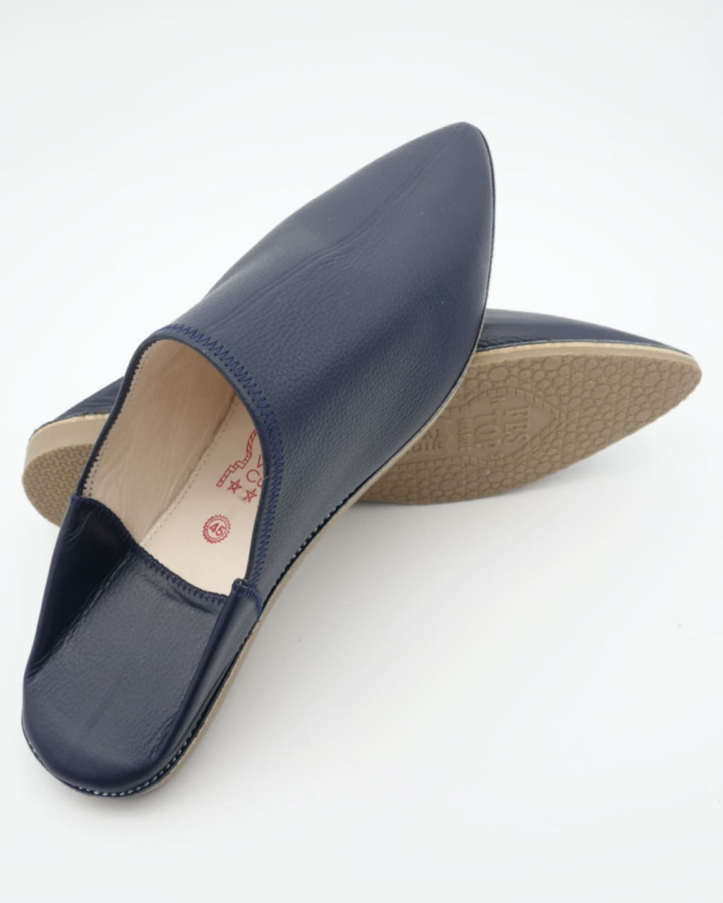 babouches homme matiere cuir de couleur bleues vue arriere-trois-quart