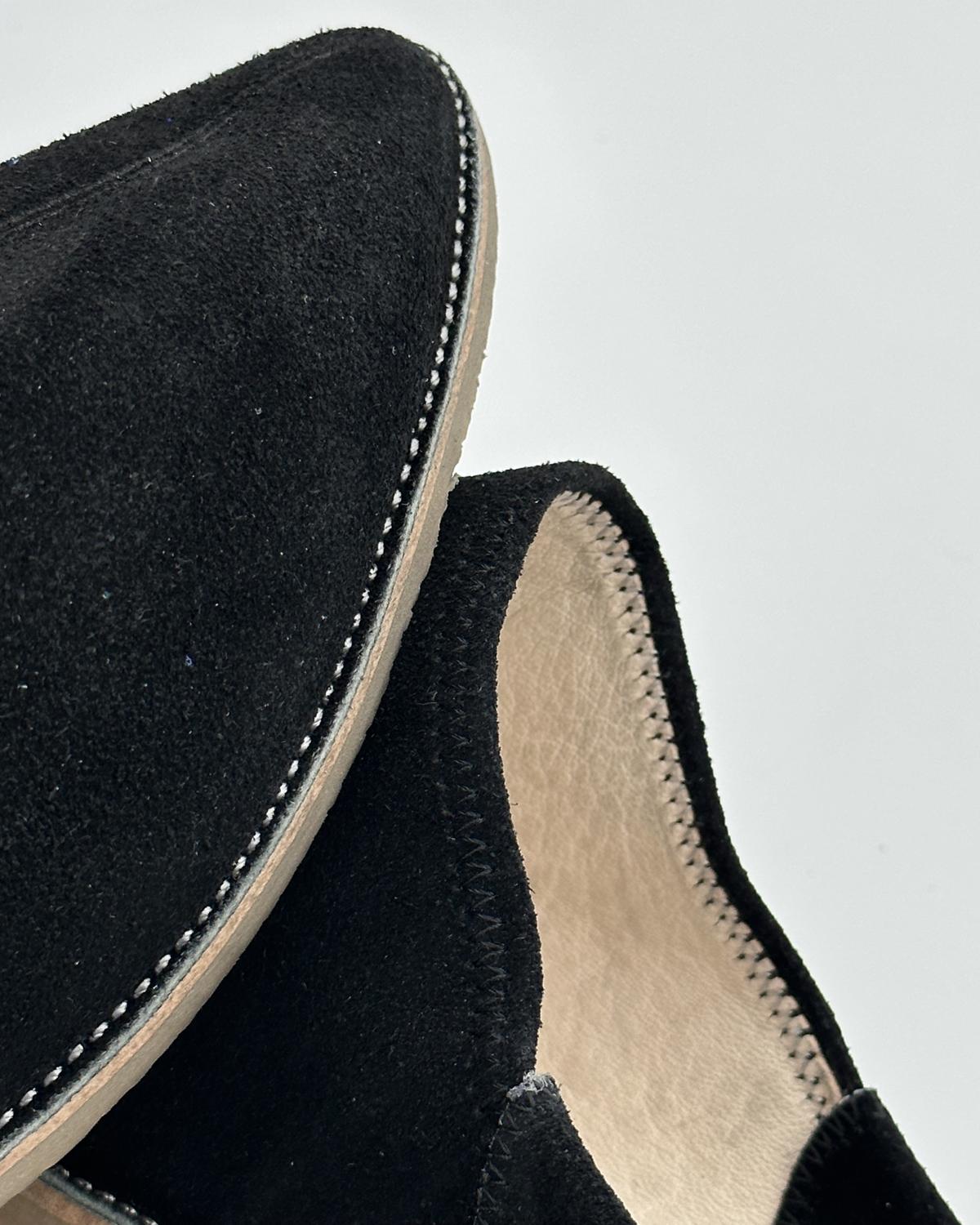 babouches homme matiere suede de couleur noires vue rapproche