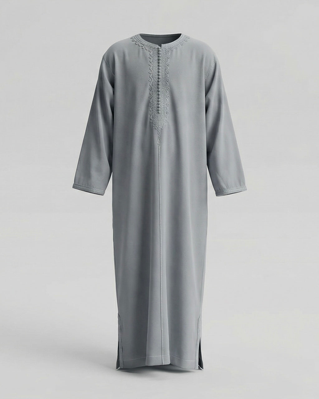 mannequin portant caftan enfant matiere gabardine de couleur gris avec un travail finition faite main vue entiere