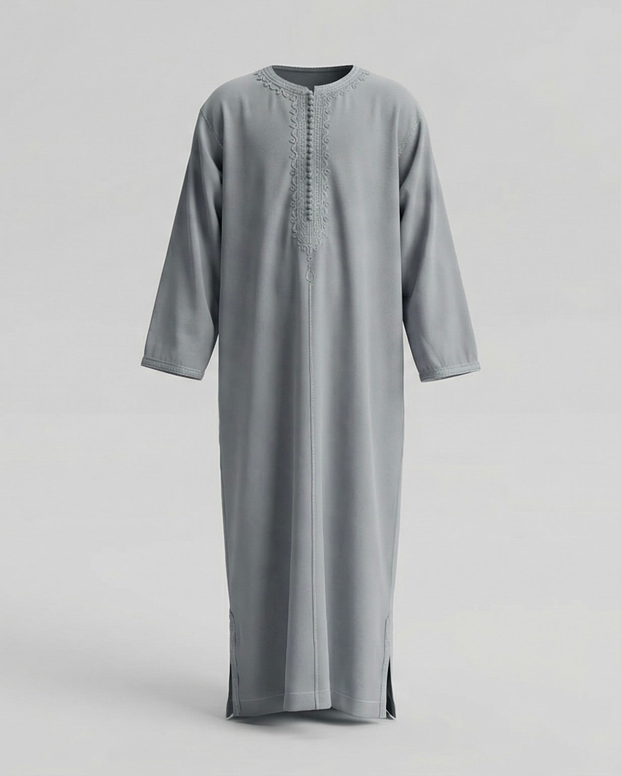 mannequin portant caftan enfant matiere gabardine de couleur gris avec un travail finition faite main vue entiere