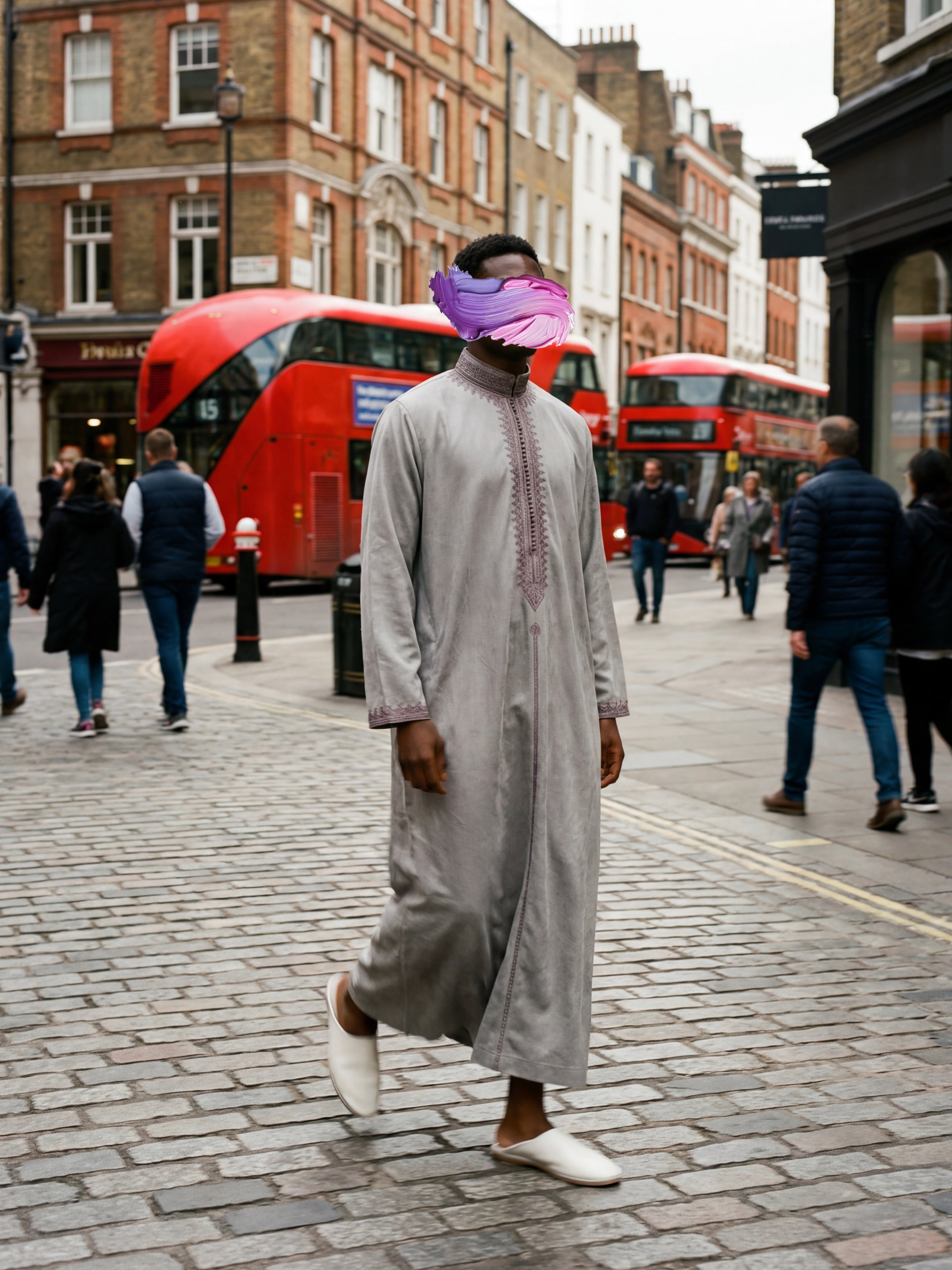 mannequin portant caftan homme matiere epais de couleur beige avec un travail finition faite main vue dans-la-rue