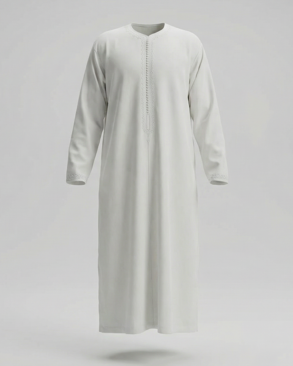 mannequin portant caftan homme matiere gabardine de couleur blanc avec un travail finition faite main vue entiere