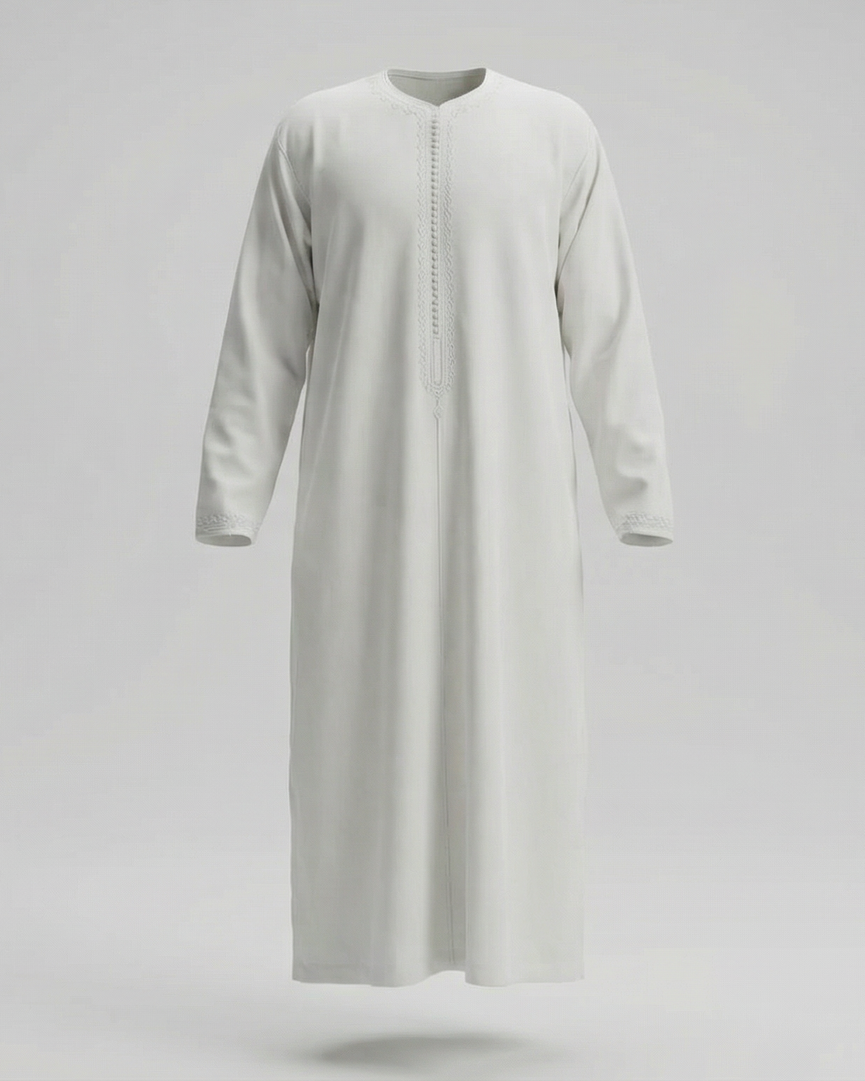 mannequin portant caftan homme matiere gabardine de couleur blanc avec un travail finition faite main vue entiere