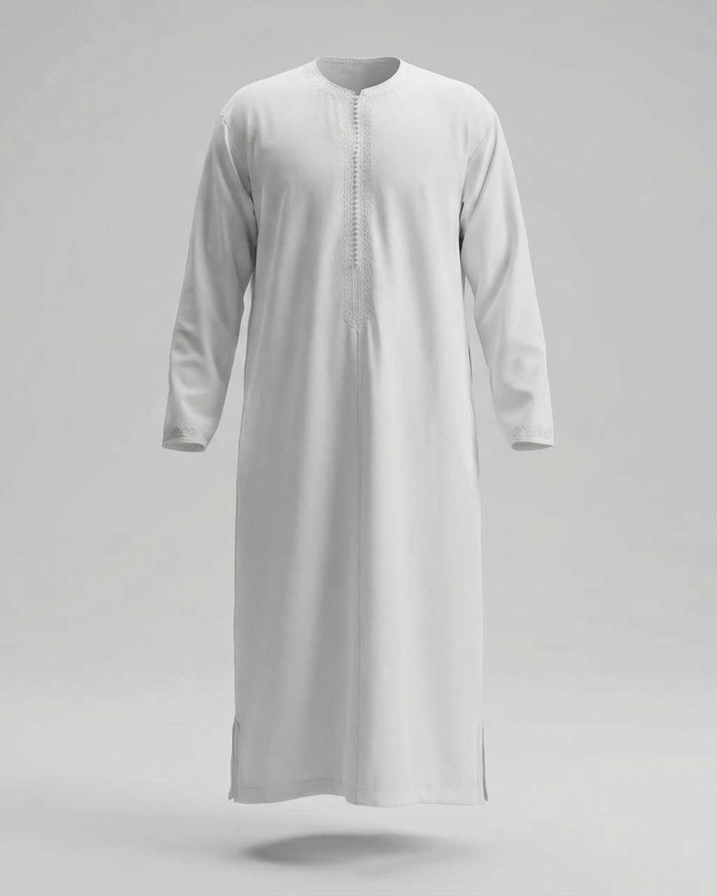 mannequin portant caftan homme matiere gabardine de couleur blanc-pur avec un travail finition faite main vue entiere
