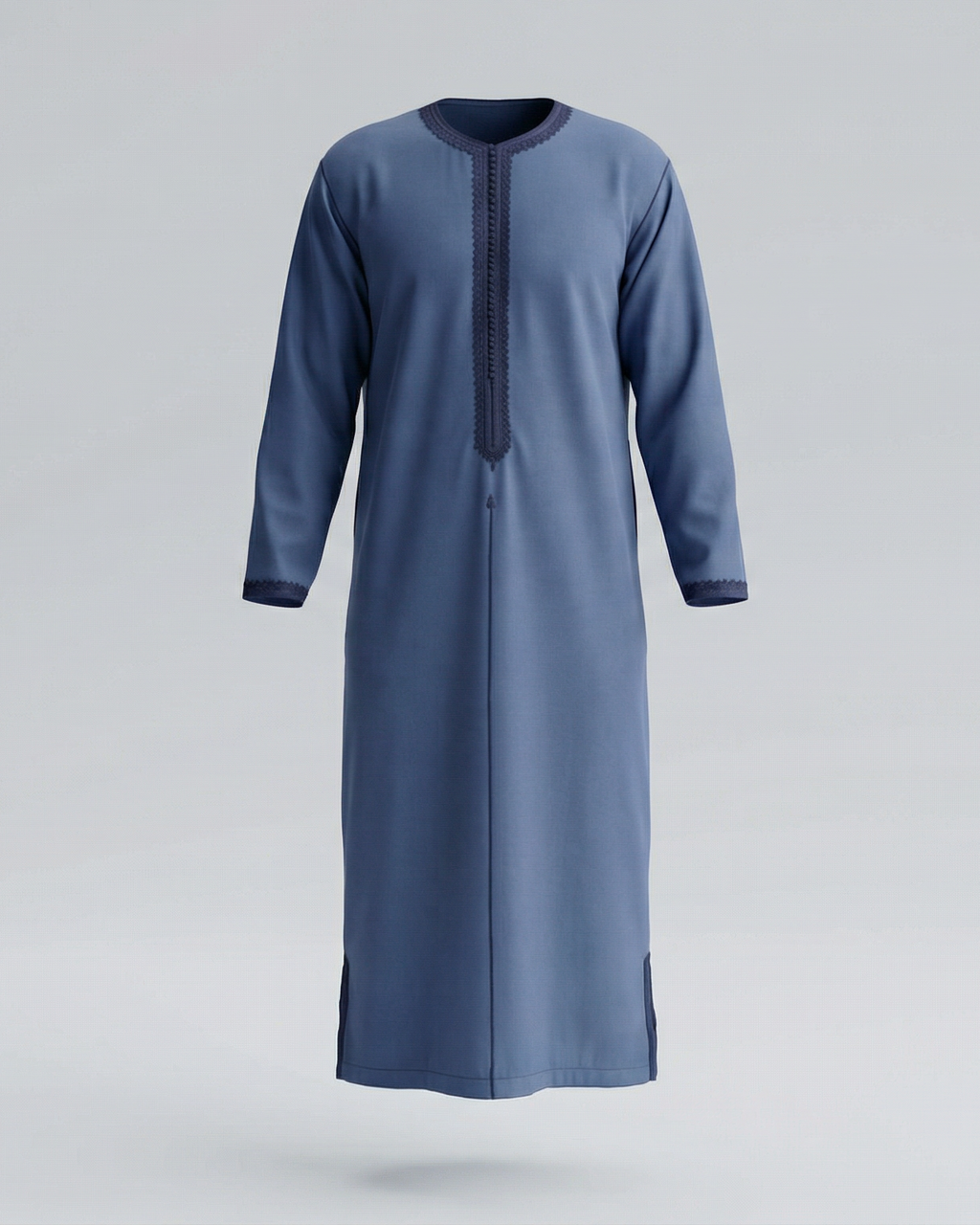 mannequin portant caftan homme matiere gabardine de couleur bleu avec un travail finition faite main vue entiere