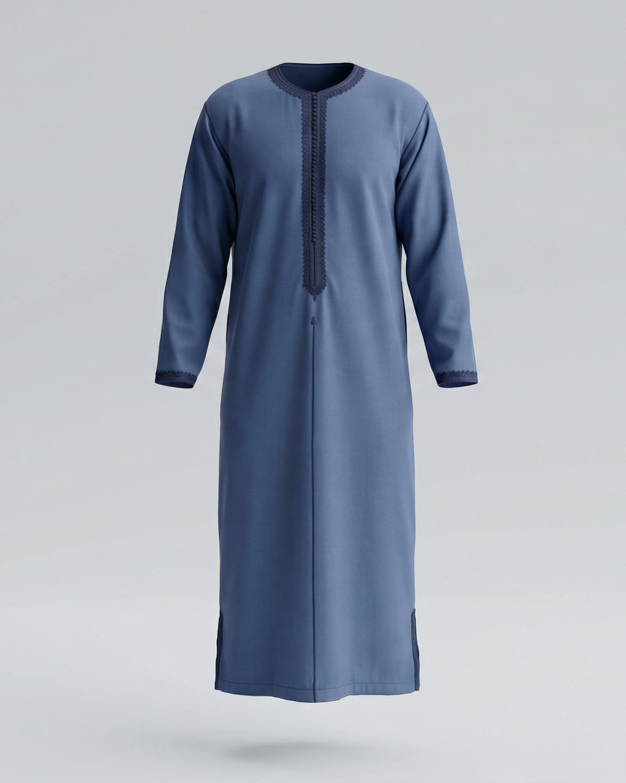mannequin portant caftan homme matiere gabardine de couleur bleu avec un travail finition faite main vue entiere