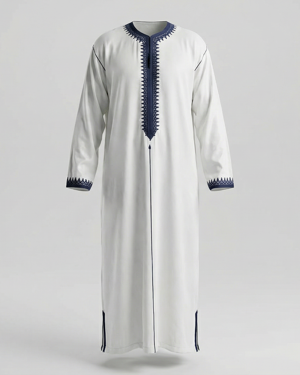 mannequin portant caftan homme matiere mlifa de couleur blanc-et-bleu avec un travail finition faite main vue entiere