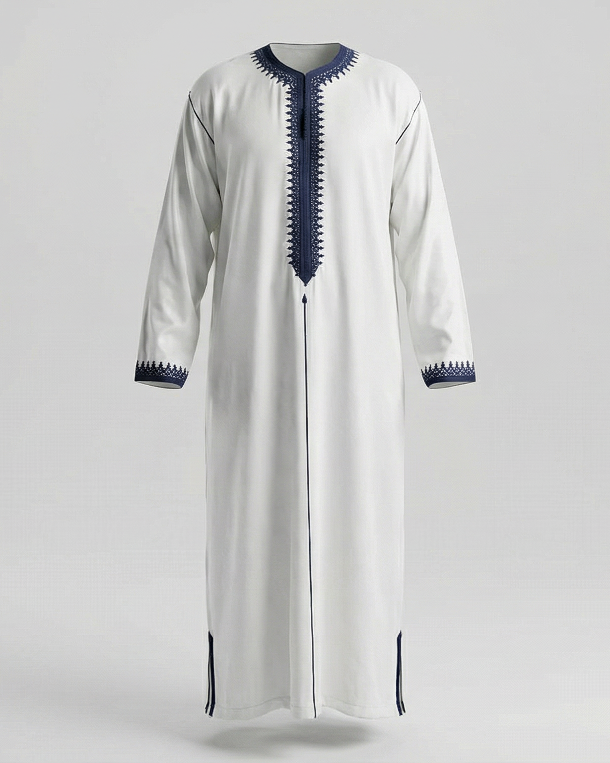 mannequin portant caftan homme matiere mlifa de couleur blanc-et-bleu avec un travail finition faite main vue entiere