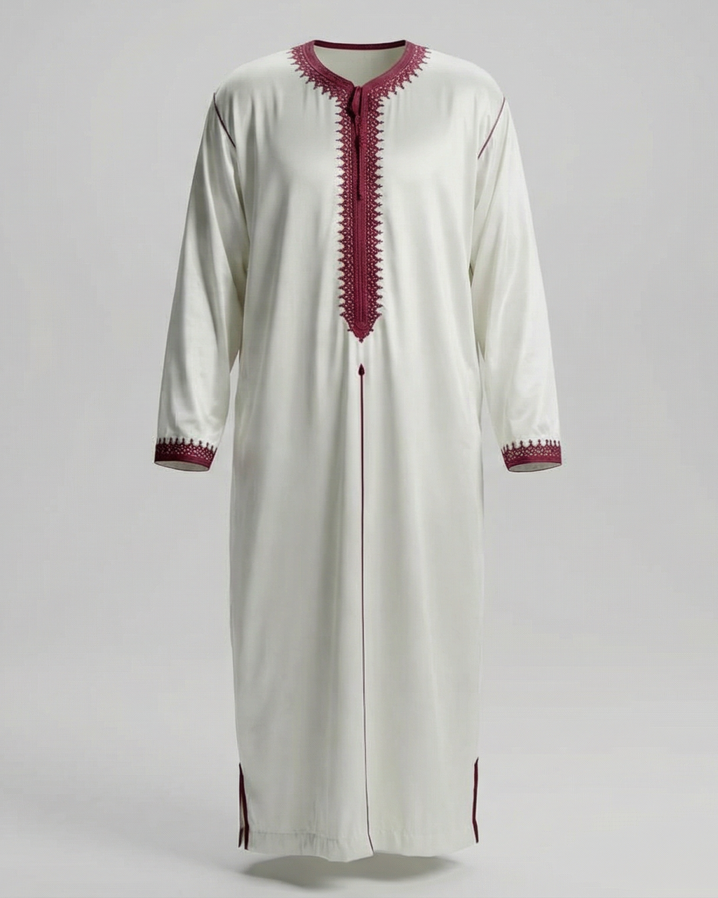 mannequin portant caftan homme matiere mlifa de couleur blanc-et-rouge avec un travail finition faite main vue entiere