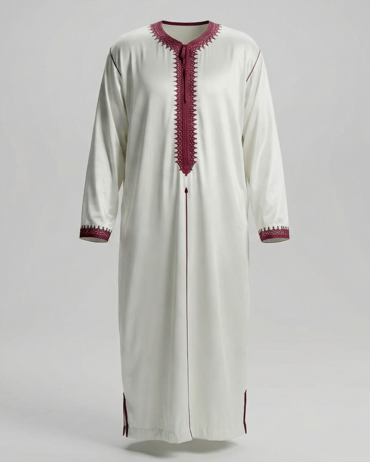 mannequin portant caftan homme matiere mlifa de couleur blanc-et-rouge avec un travail finition faite main vue entiere