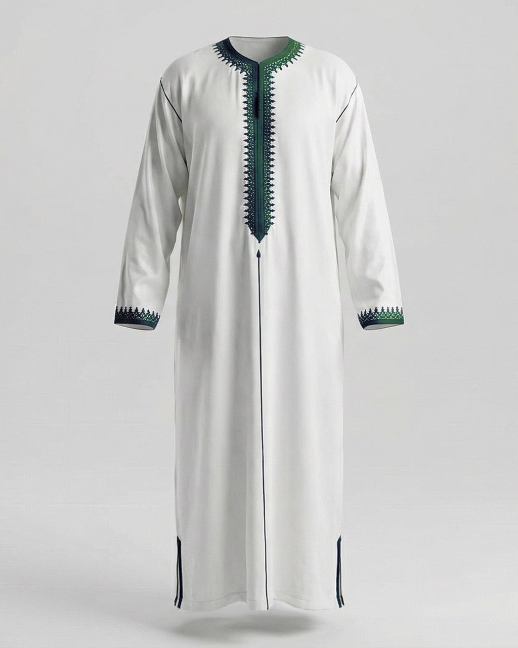 mannequin portant caftan homme matiere mlifa de couleur blanc-et-vert avec un travail finition faite main vue entiere