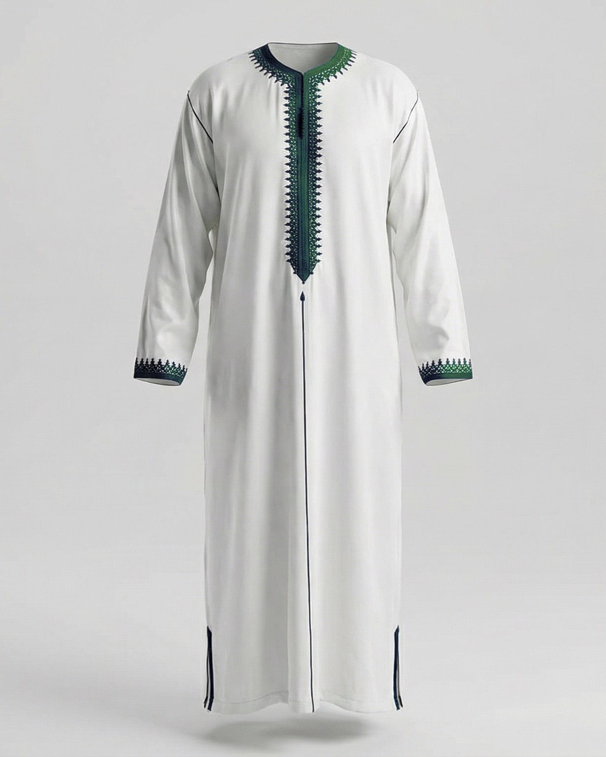 mannequin portant caftan homme matiere mlifa de couleur blanc-et-vert avec un travail finition faite main vue entiere