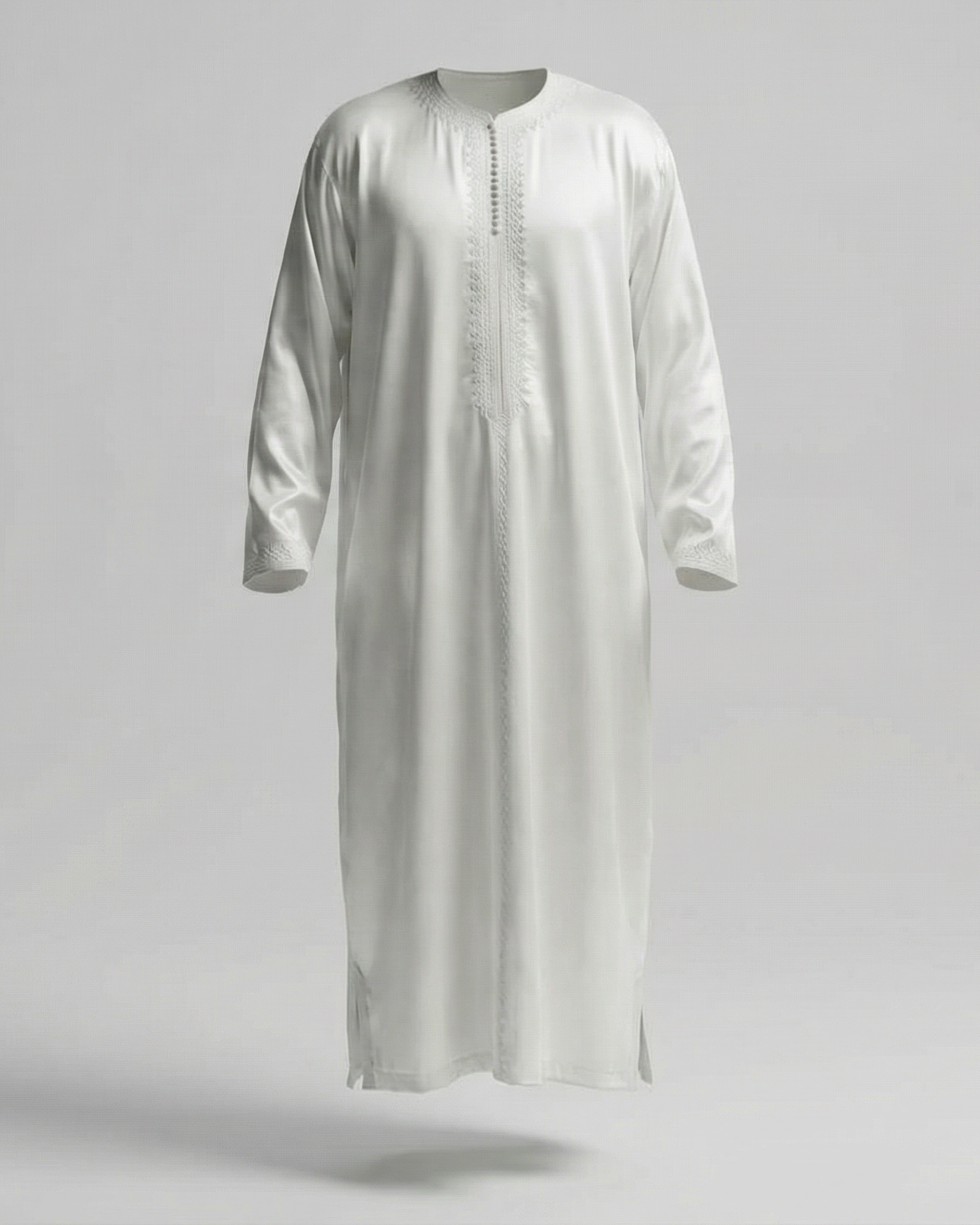 mannequin portant caftan homme matiere mlifa de couleur blanc avec un travail finition faite main vue entiere