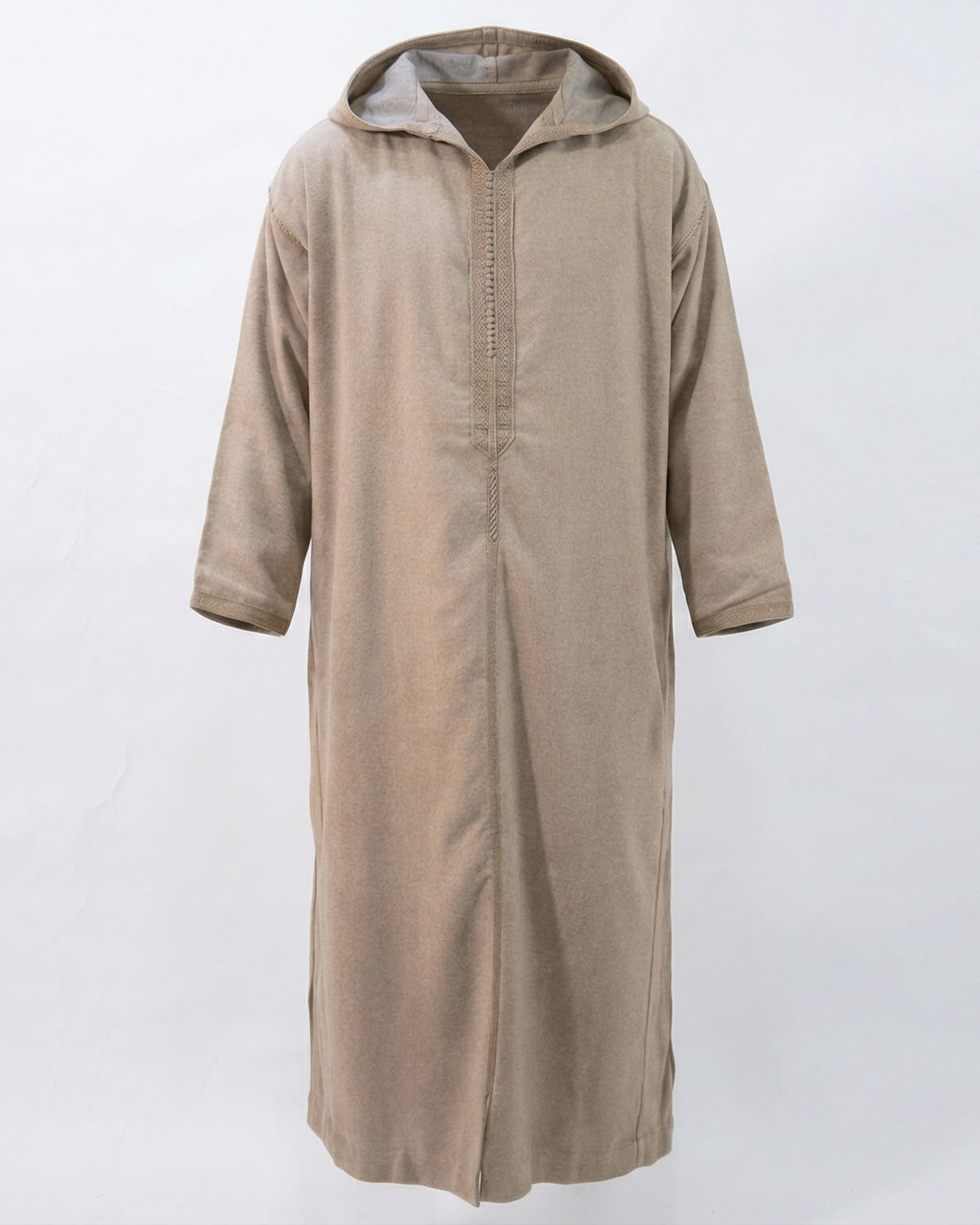 mannequin portant djellaba homme matiere epaisse de couleur beige avec un travail finition faite main vue entiere