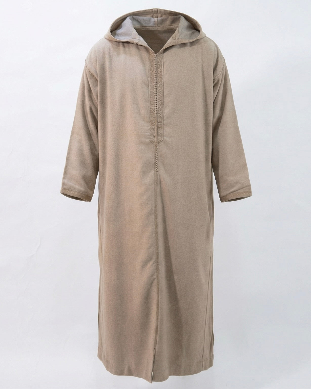 mannequin portant djellaba homme matiere epaisse de couleur beige avec un travail finition faite main vue entiere