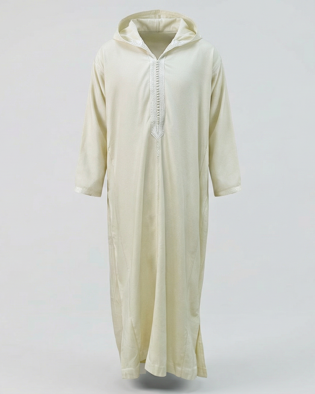 mannequin portant djellaba homme matiere epaisse de couleur blanc avec un travail finition faite main vue entiere