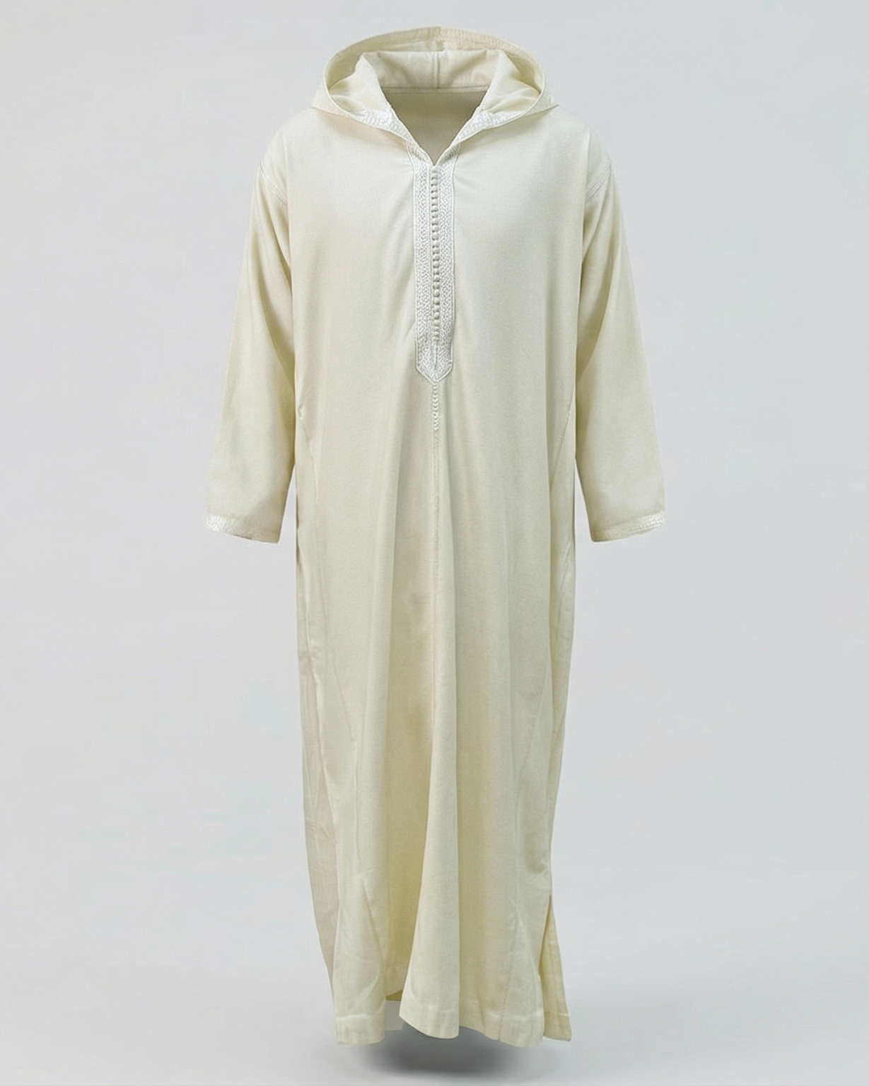 mannequin portant djellaba homme matiere epaisse de couleur blanc avec un travail finition faite main vue entiere