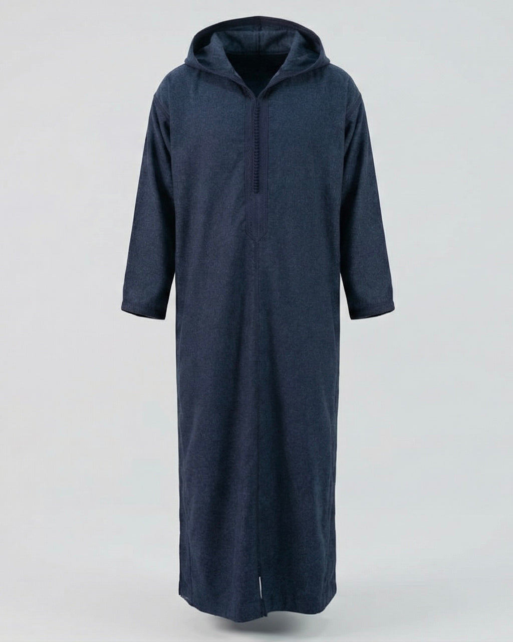 mannequin portant djellaba homme matiere epaisse de couleur bleu avec un travail finition faite main vue entiere