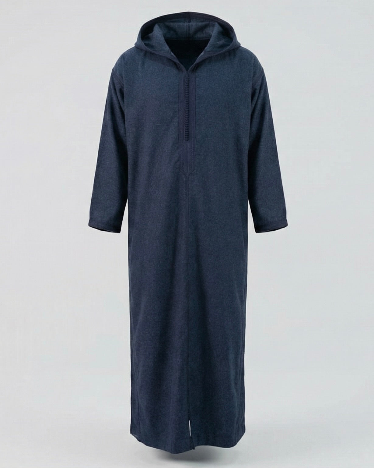 mannequin portant djellaba homme matiere epaisse de couleur bleu avec un travail finition faite main vue entiere