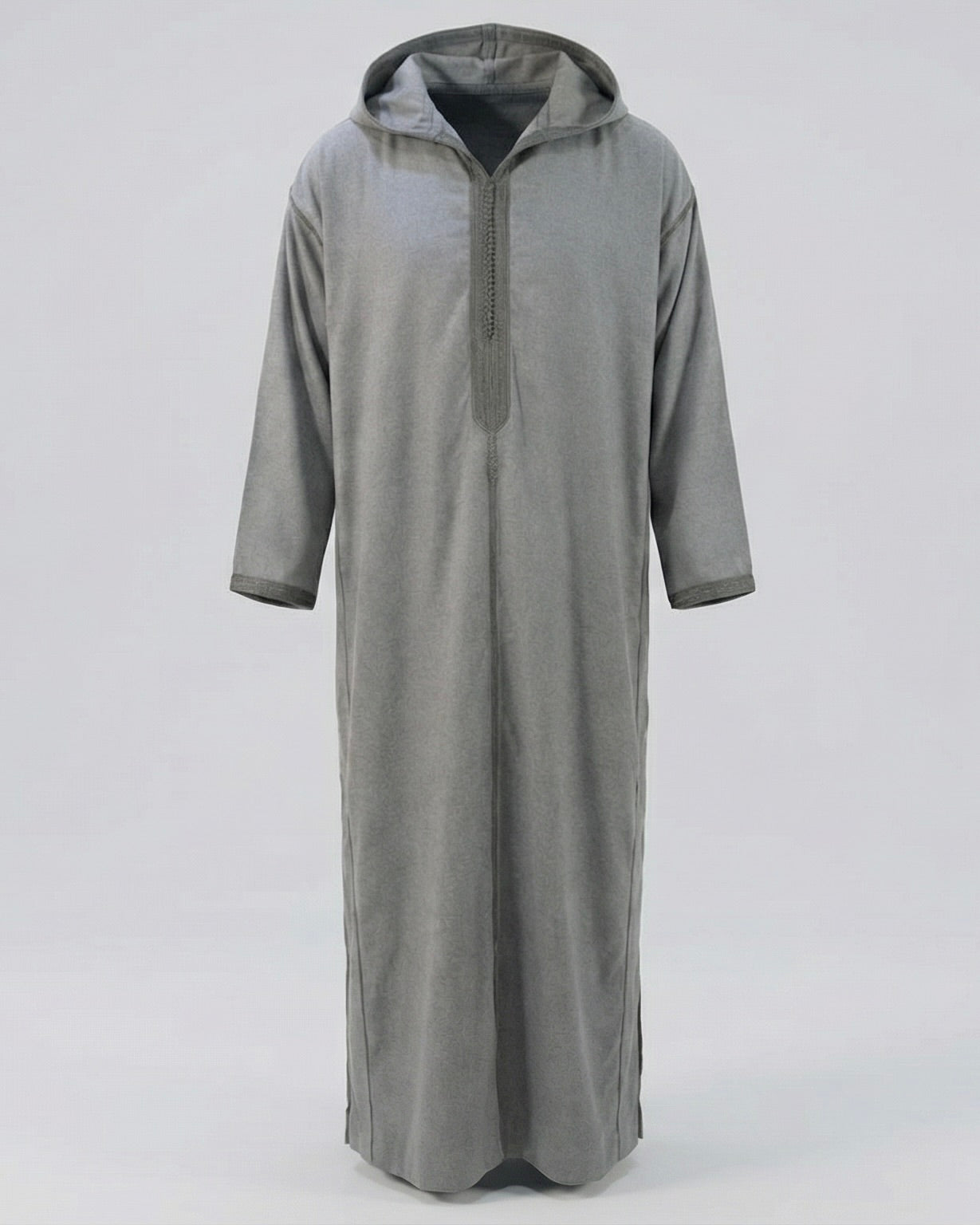 mannequin portant djellaba homme matiere epaisse de couleur gris avec un travail finition faite main vue entiere