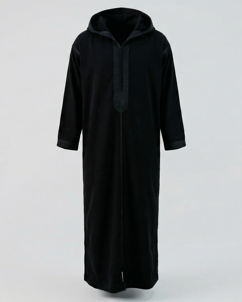 mannequin portant djellaba homme matiere epaisse de couleur noir avec un travail finition faite main vue entiere