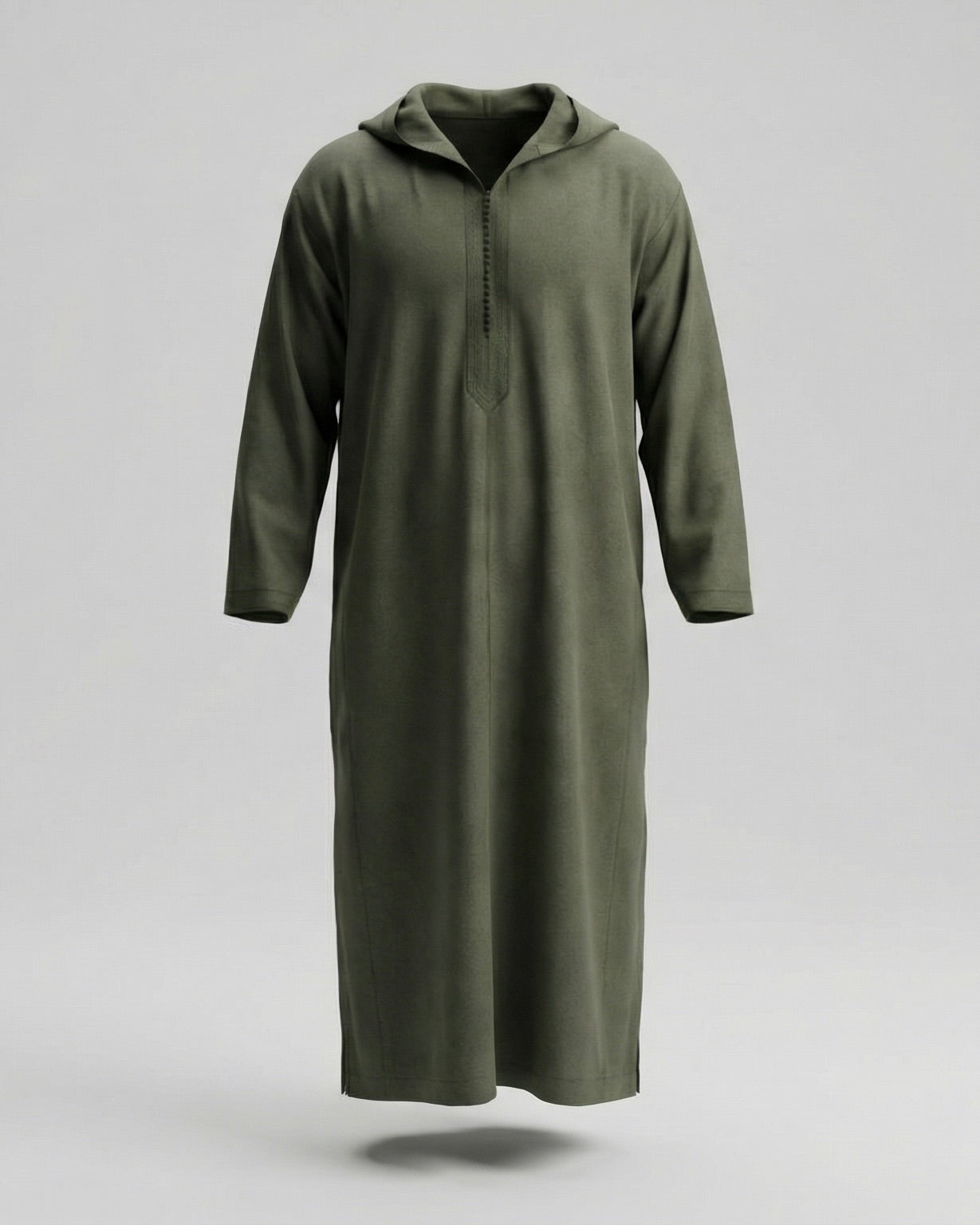 mannequin portant djellaba homme matiere epaisse de couleur vert avec un travail finition faite main vue entiere