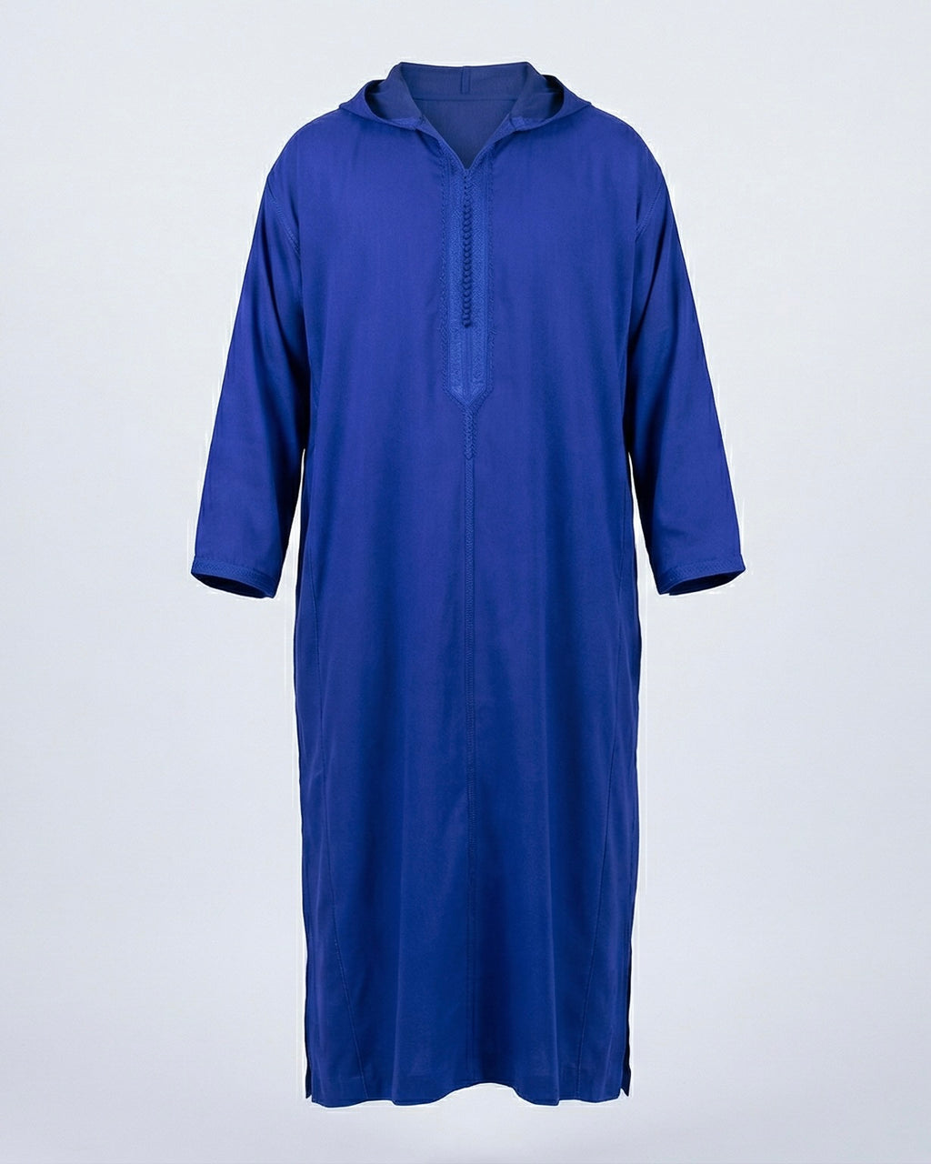 mannequin portant djellaba homme matiere legere de couleur bleu avec un travail finition faite main vue entiere