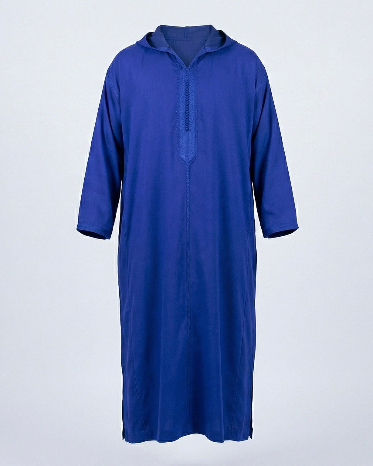 mannequin portant djellaba homme matiere legere de couleur bleu avec un travail finition faite main vue entiere