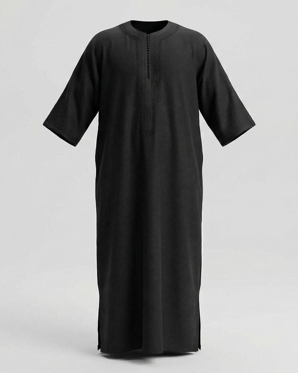 mannequin portant gandoura homme matiere gabardine de couleur noir avec un travail finition faite main vue entiere