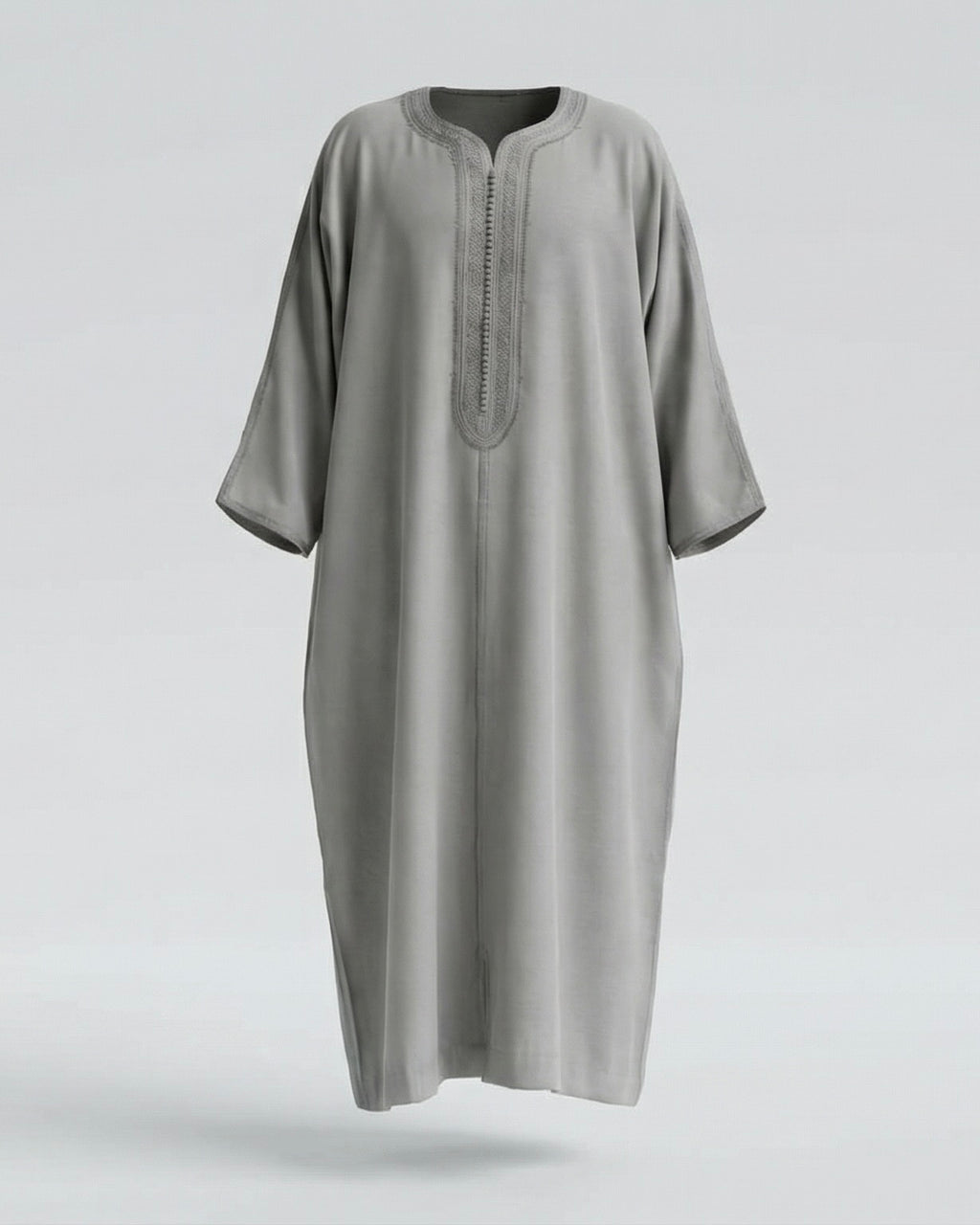 mannequin portant gandoura homme matiere gabardine de couleur taupe avec un travail motifs fait main vue entiere