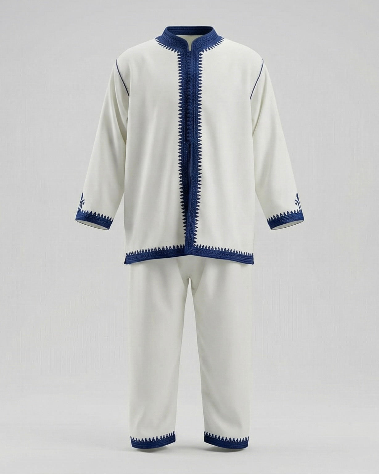 mannequin portant jabador enfant matiere deux-pieces de couleur blanc-et-bleu avec un travail finition faite main vue entiere