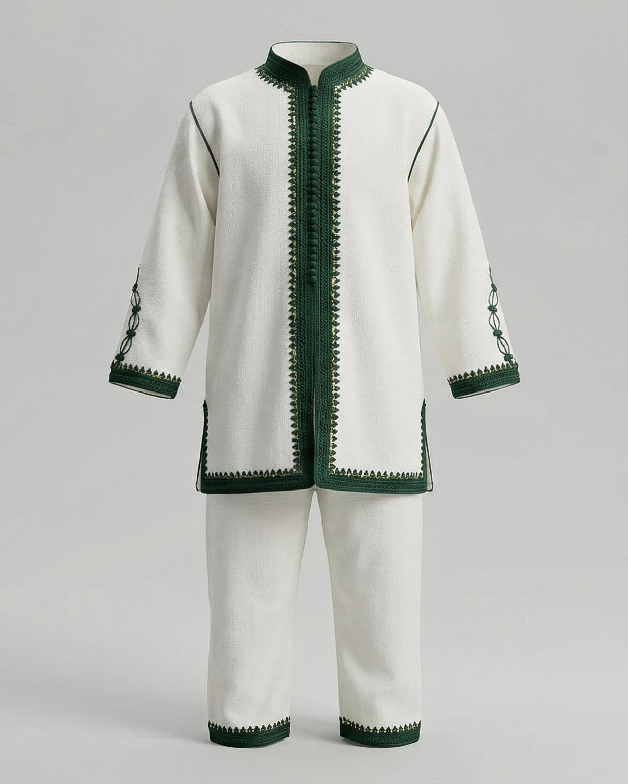 mannequin portant jabador enfant matiere deux-pieces de couleur vert avec un travail finition faite main vue entiere