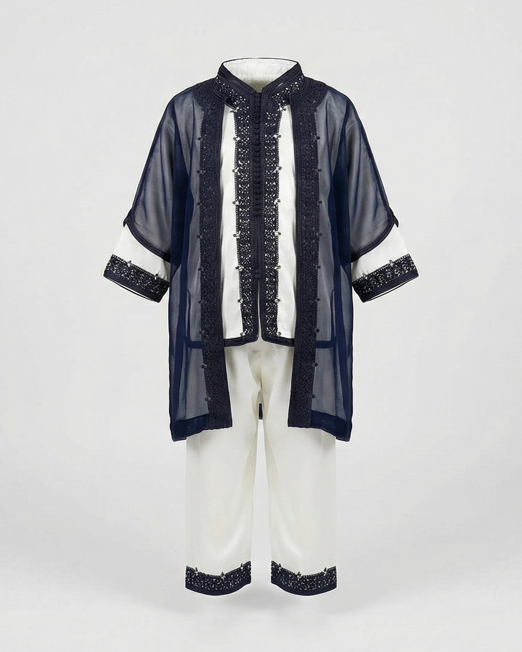 mannequin portant jabador enfant matiere trois-pieces de couleur bleu avec un travail finition faite main vue entiere