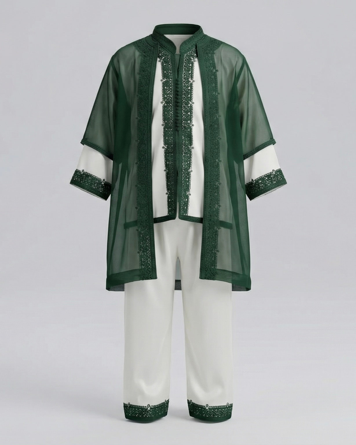 mannequin portant jabador enfant matiere trois-pieces de couleur vert avec un travail finition faite main vue entiere