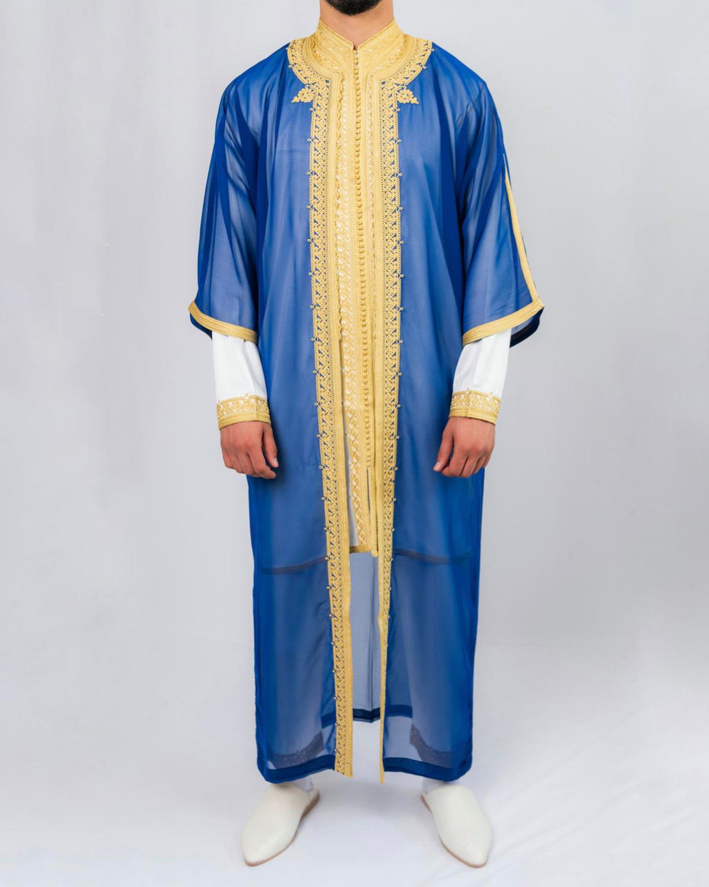 mannequin portant jabador homme matiere trois-pieces de couleur bleu-et-or avec un travail finition faite main vue entiere