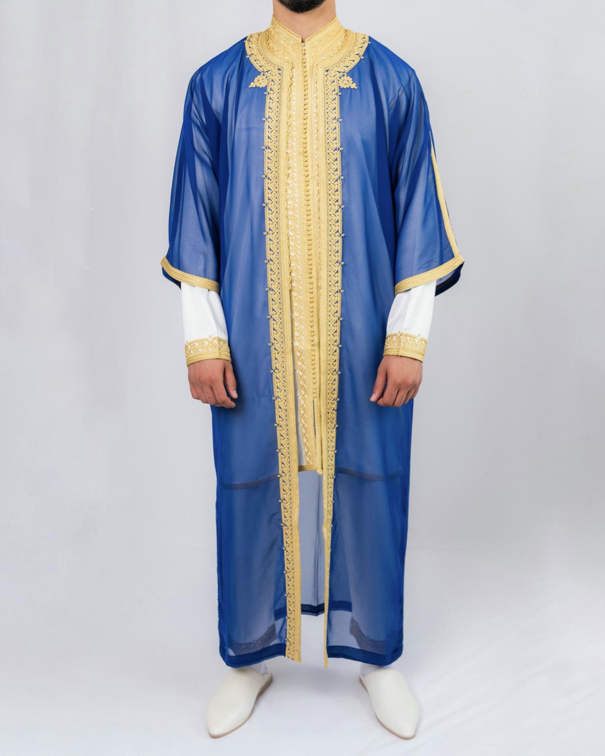 mannequin portant jabador homme matiere trois-pieces de couleur bleu-et-or avec un travail finition faite main vue entiere