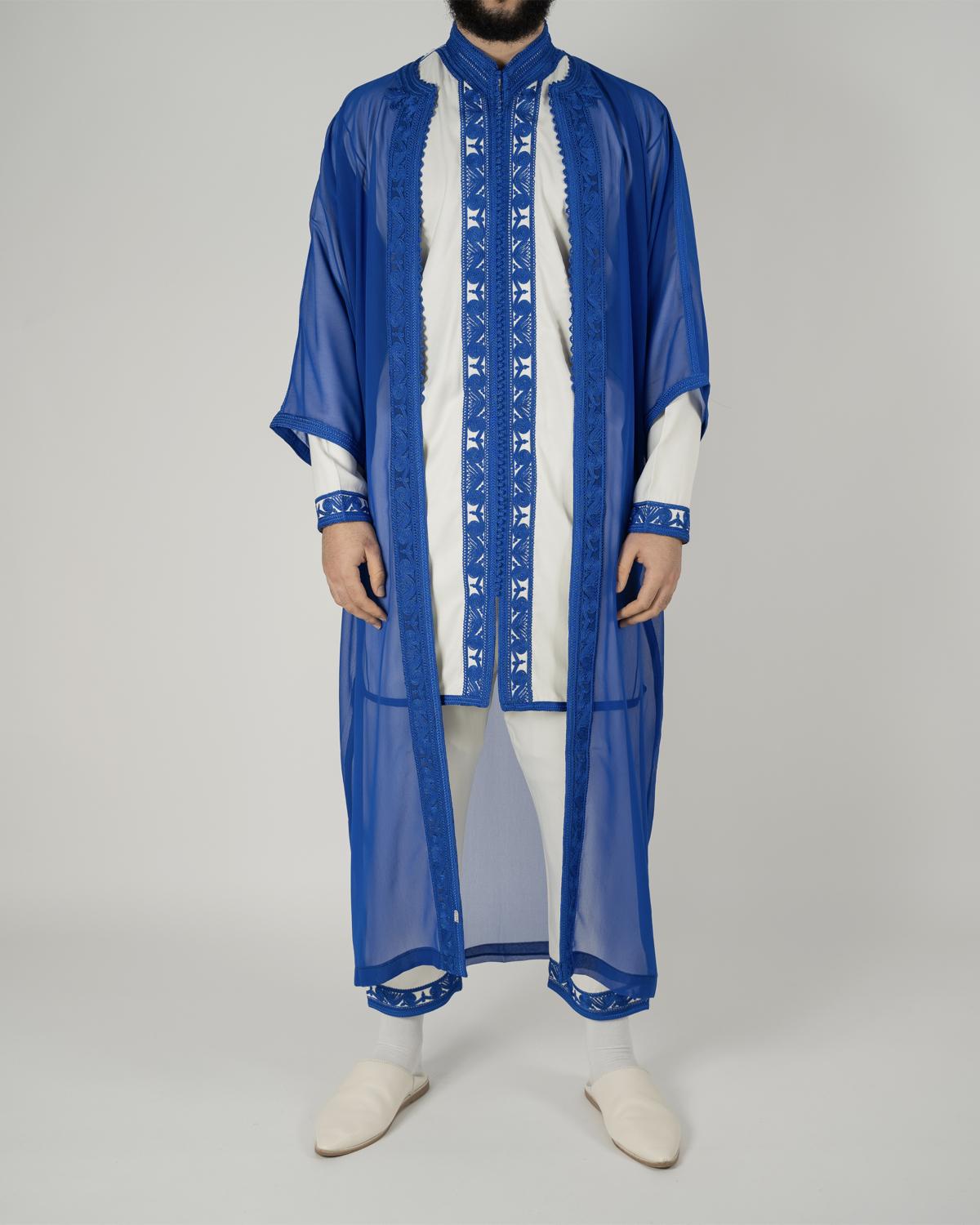 mannequin portant jabador homme matiere trois-pieces de couleur bleu avec un travail finition faite main vue entiere