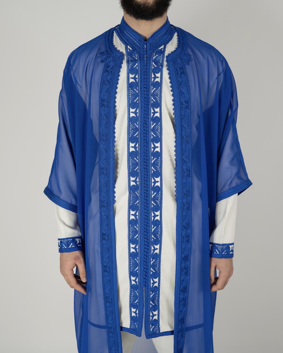 mannequin portant jabador homme matiere trois-pieces de couleur bleu avec un travail finition faite main vue face-rapprochee