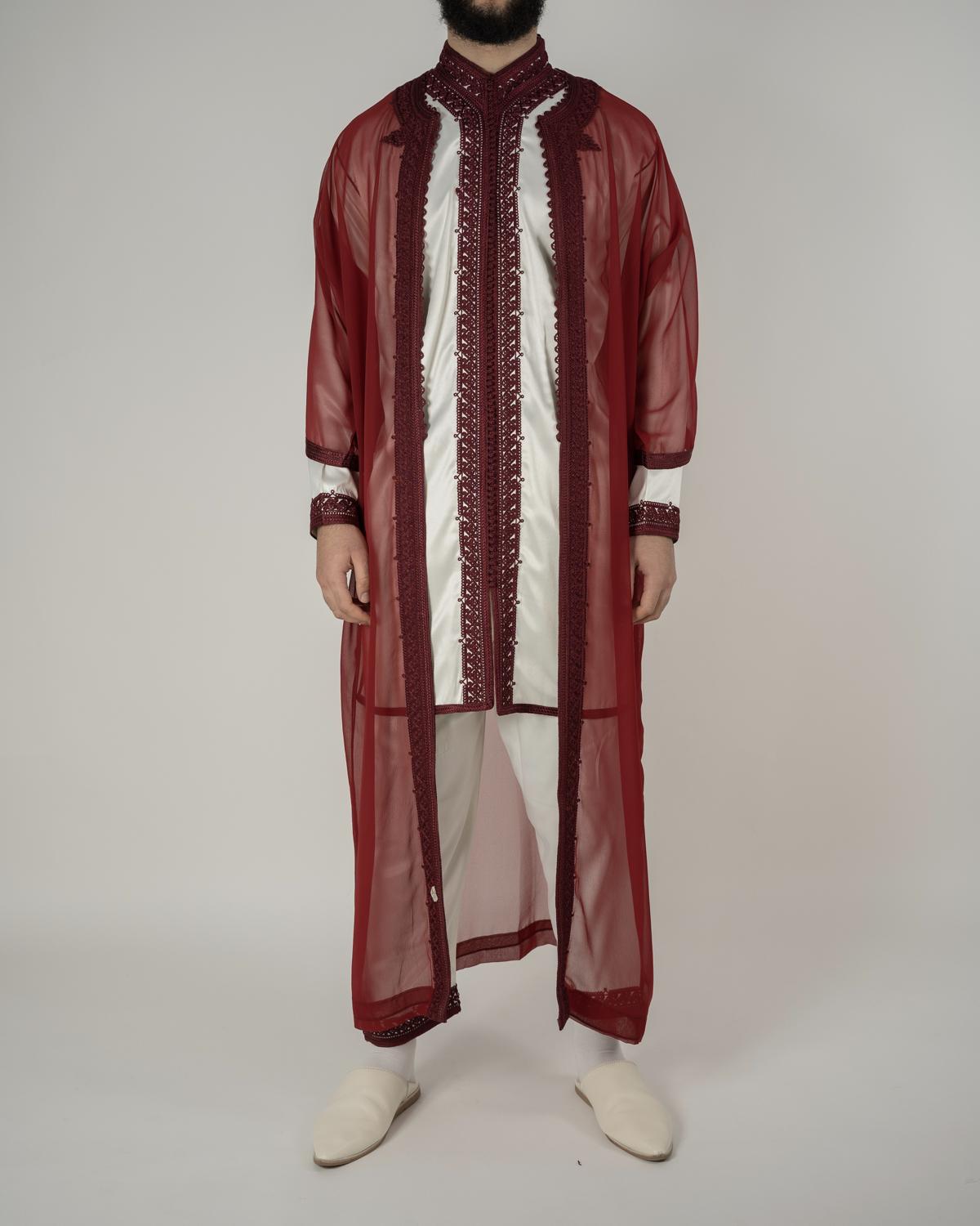 mannequin portant jabador homme matiere trois-pieces de couleur bordeaux avec un travail finition faite main vue entiere