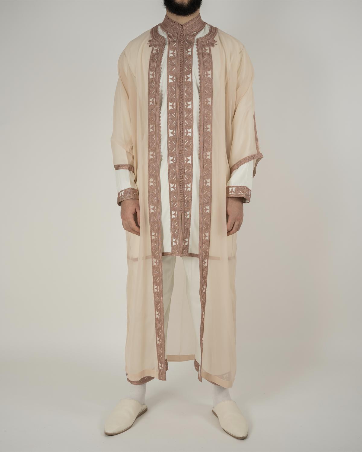 mannequin portant jabador homme matiere trois-pieces de couleur rose-gold avec un travail finition faite main vue entiere