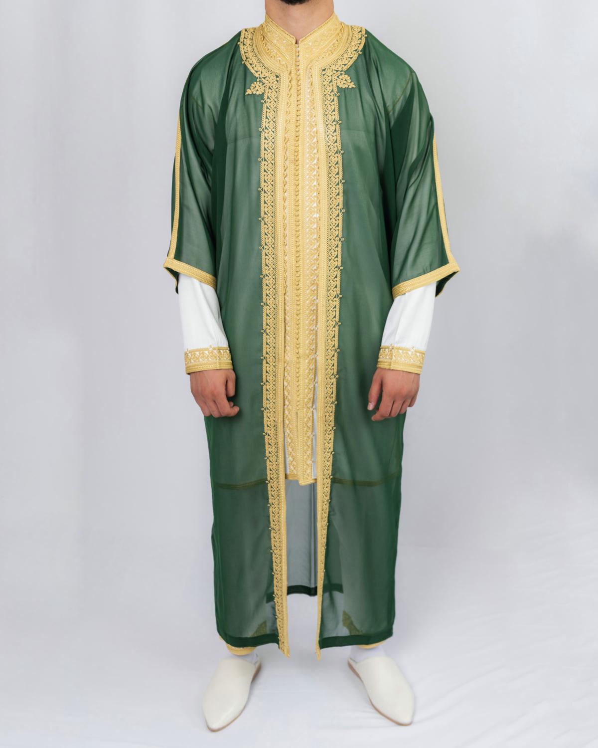 mannequin portant jabador homme matiere trois-pieces de couleur vert-et-or avec un travail finition faite main vue entiere