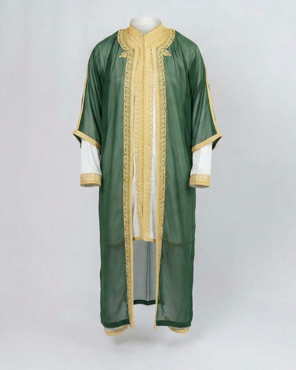 mannequin portant jabador homme matiere trois-pieces de couleur vert-et-or avec un travail finition faite main vue entiere