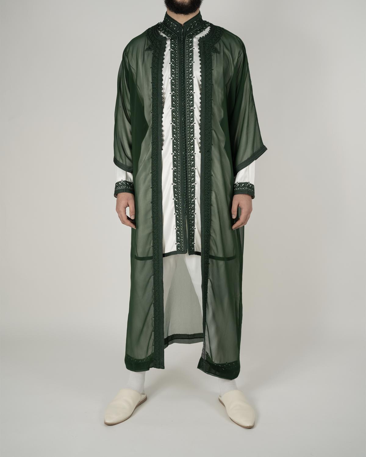 mannequin portant jabador homme matiere trois-pieces de couleur vert avec un travail finition faite main vue entiere