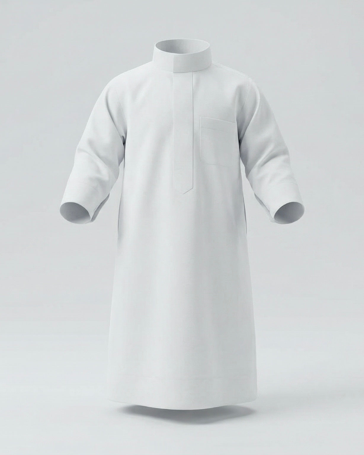 mannequin portant qamis enfant matiere leger de couleur blanc vue entiere