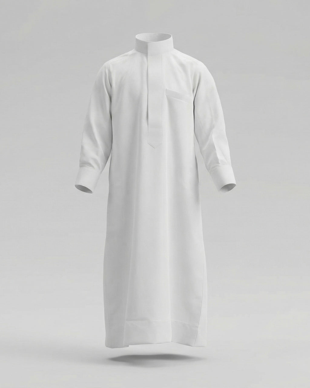 mannequin portant qamis enfant matiere leger de couleur blanc vue entiere