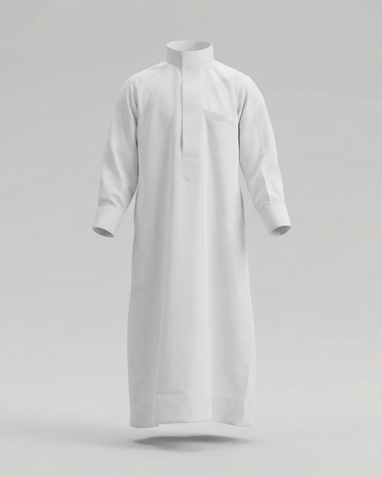 mannequin portant qamis enfant matiere leger de couleur blanc vue entiere