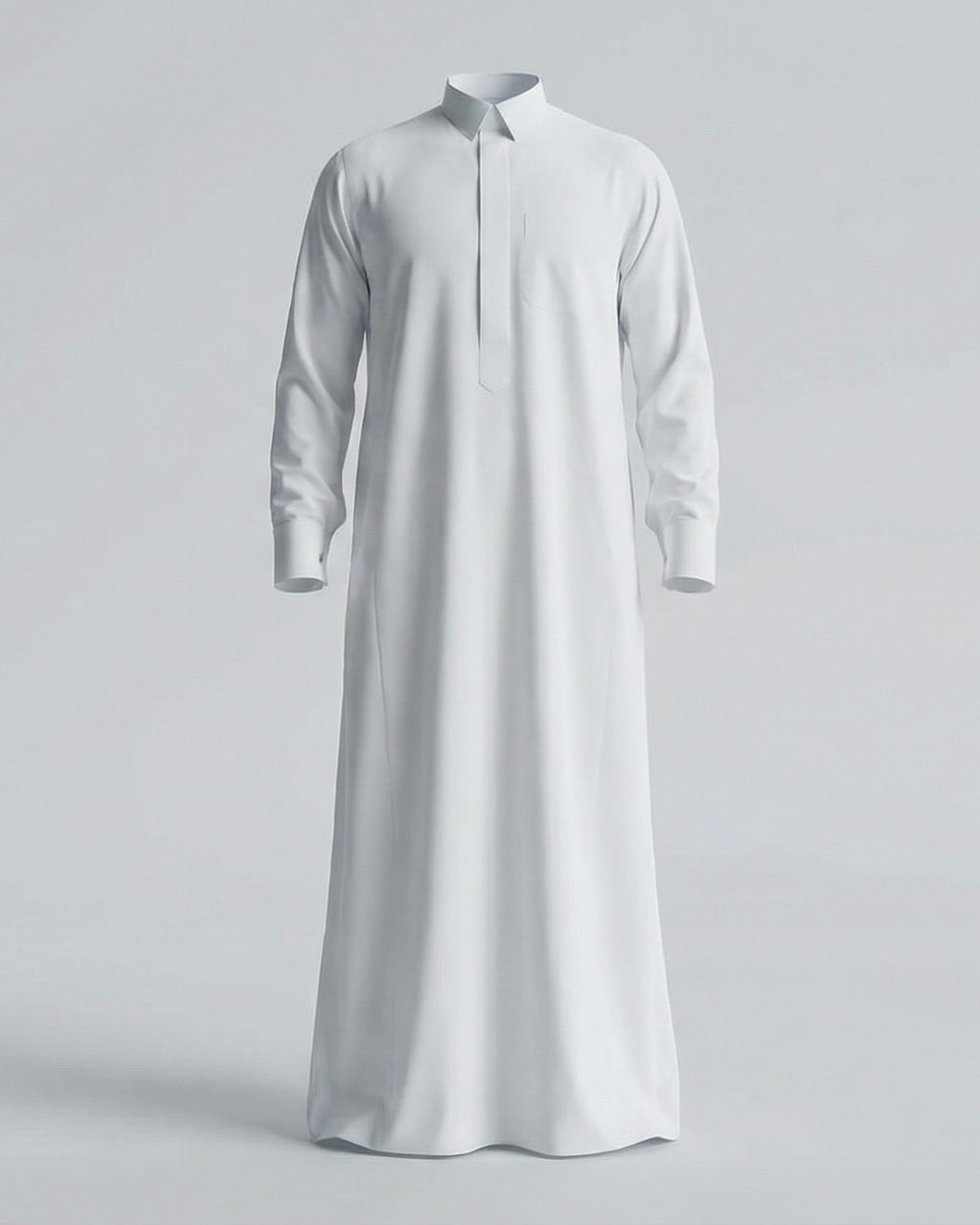 mannequin portant qamis homme matiere leger de couleur blanc vue entiere