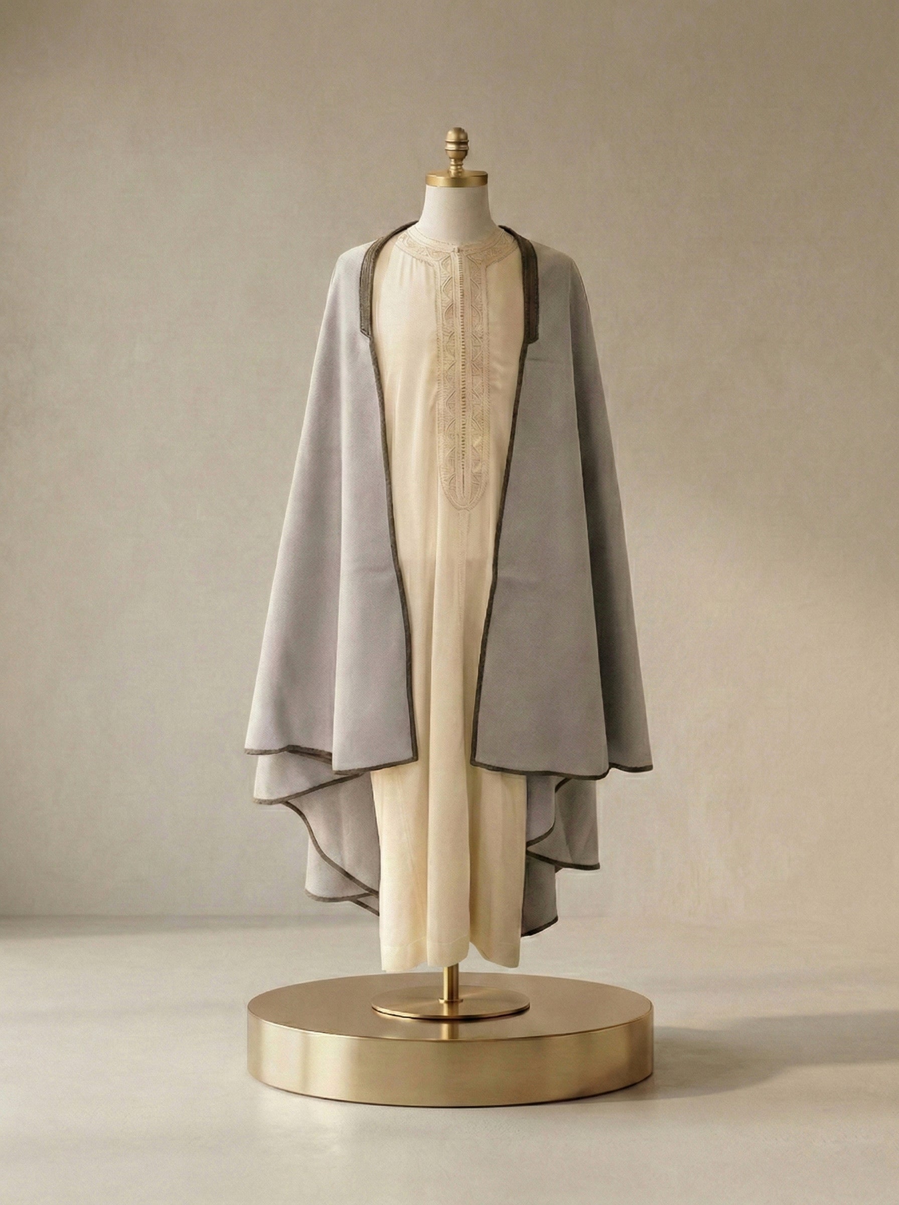 mannequin portant selham homme matiere epais de couleur gris avec un travail entierement fait main vue entiere